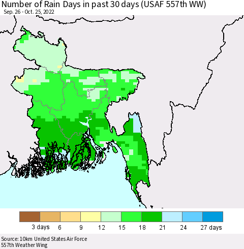Bangladesh Number of Rain Days in past 30 days (USAF 557th WW) 10/25/2022 Thematic Map For 10/21/2022 - 10/25/2022