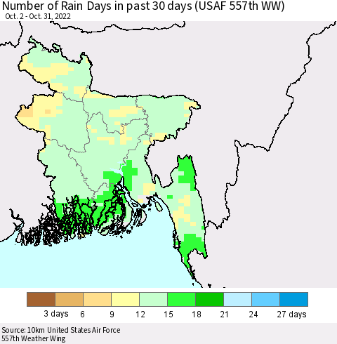 Bangladesh Number of Rain Days in past 30 days (USAF 557th WW) 10/31/2022 Thematic Map For 10/26/2022 - 10/31/2022