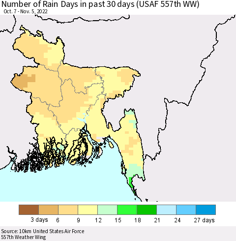 Bangladesh Number of Rain Days in past 30 days (USAF 557th WW) 11/05/2022 Thematic Map For 11/1/2022 - 11/5/2022