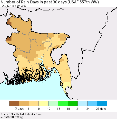 Bangladesh Number of Rain Days in past 30 days (USAF 557th WW) 11/10/2022 Thematic Map For 11/6/2022 - 11/10/2022
