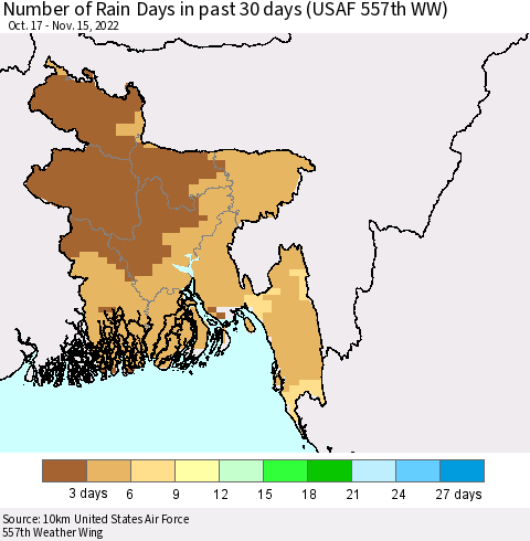 Bangladesh Number of Rain Days in past 30 days (USAF 557th WW) 11/15/2022 Thematic Map For 11/11/2022 - 11/15/2022