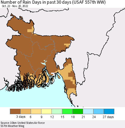 Bangladesh Number of Rain Days in past 30 days (USAF 557th WW) 11/20/2022 Thematic Map For 11/16/2022 - 11/20/2022