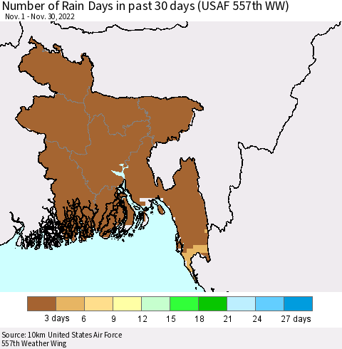 Bangladesh Number of Rain Days in past 30 days (USAF 557th WW) 11/30/2022 Thematic Map For 11/26/2022 - 11/30/2022
