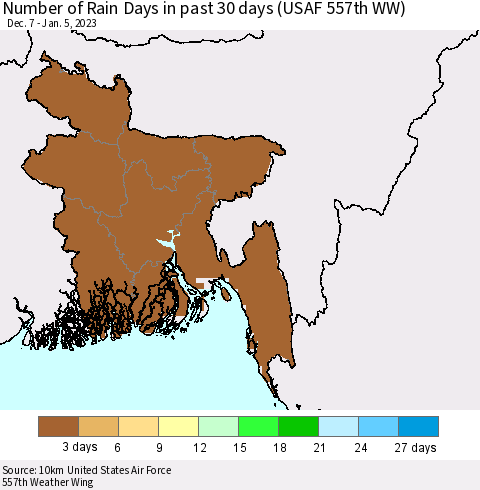 Bangladesh Number of Rain Days in past 30 days (USAF 557th WW) 01/05/2023 Thematic Map For 1/1/2023 - 1/5/2023
