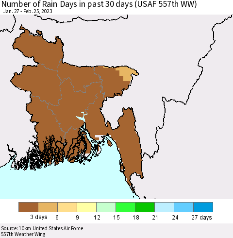 Bangladesh Number of Rain Days in past 30 days (USAF 557th WW) 02/25/2023 Thematic Map For 2/21/2023 - 2/25/2023