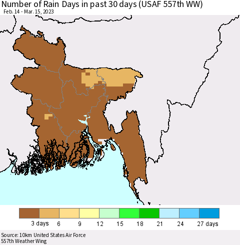 Bangladesh Number of Rain Days in past 30 days (USAF 557th WW) 03/15/2023 Thematic Map For 3/11/2023 - 3/15/2023