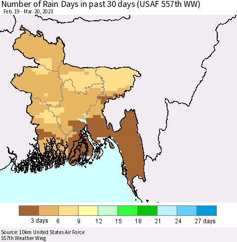 Bangladesh Number of Rain Days in past 30 days (USAF 557th WW) 03/20/2023 Thematic Map For 3/16/2023 - 3/20/2023