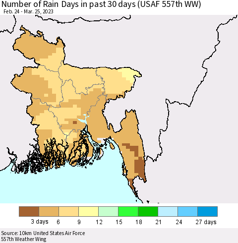 Bangladesh Number of Rain Days in past 30 days (USAF 557th WW) 03/25/2023 Thematic Map For 3/21/2023 - 3/25/2023