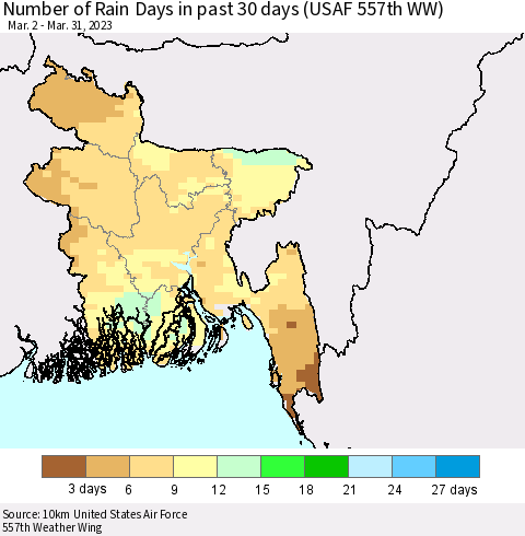 Bangladesh Number of Rain Days in past 30 days (USAF 557th WW) 03/31/2023 Thematic Map For 3/26/2023 - 3/31/2023