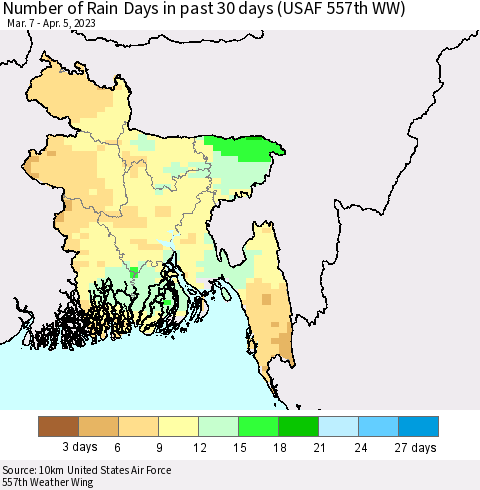 Bangladesh Number of Rain Days in past 30 days (USAF 557th WW) 04/05/2023 Thematic Map For 4/1/2023 - 4/5/2023