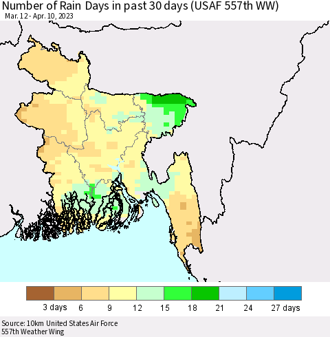 Bangladesh Number of Rain Days in past 30 days (USAF 557th WW) 04/10/2023 Thematic Map For 4/6/2023 - 4/10/2023