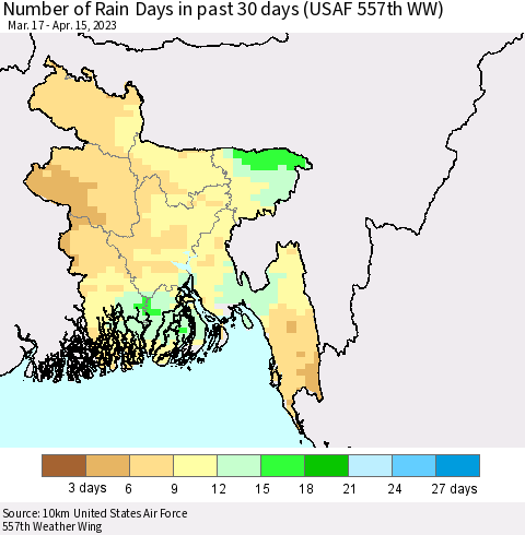 Bangladesh Number of Rain Days in past 30 days (USAF 557th WW) 04/15/2023 Thematic Map For 4/11/2023 - 4/15/2023