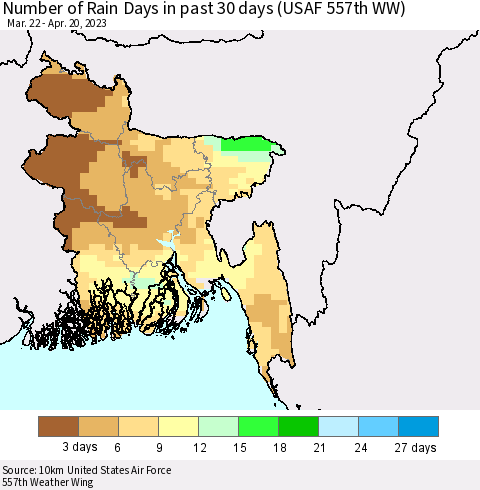 Bangladesh Number of Rain Days in past 30 days (USAF 557th WW) 04/20/2023 Thematic Map For 4/16/2023 - 4/20/2023