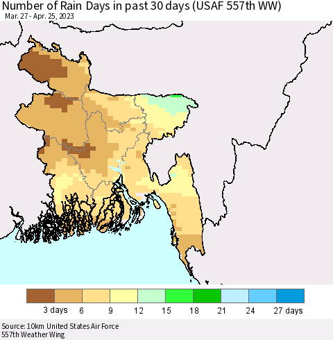 Bangladesh Number of Rain Days in past 30 days (USAF 557th WW) 04/25/2023 Thematic Map For 4/21/2023 - 4/25/2023