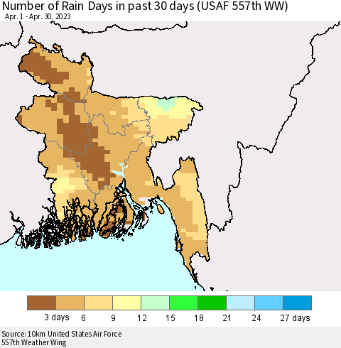 Bangladesh Number of Rain Days in past 30 days (USAF 557th WW) 04/30/2023 Thematic Map For 4/26/2023 - 4/30/2023
