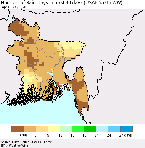 Bangladesh Number of Rain Days in past 30 days (USAF 557th WW) 05/05/2023 Thematic Map For 5/1/2023 - 5/5/2023