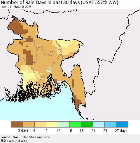 Bangladesh Number of Rain Days in past 30 days (USAF 557th WW) 05/10/2023 Thematic Map For 5/6/2023 - 5/10/2023