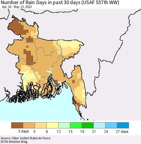 Bangladesh Number of Rain Days in past 30 days (USAF 557th WW) 05/15/2023 Thematic Map For 5/11/2023 - 5/15/2023
