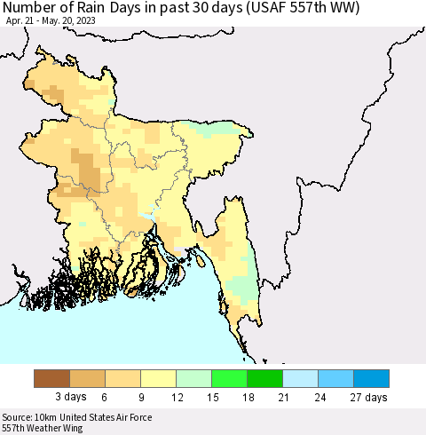 Bangladesh Number of Rain Days in past 30 days (USAF 557th WW) 05/20/2023 Thematic Map For 5/16/2023 - 5/20/2023