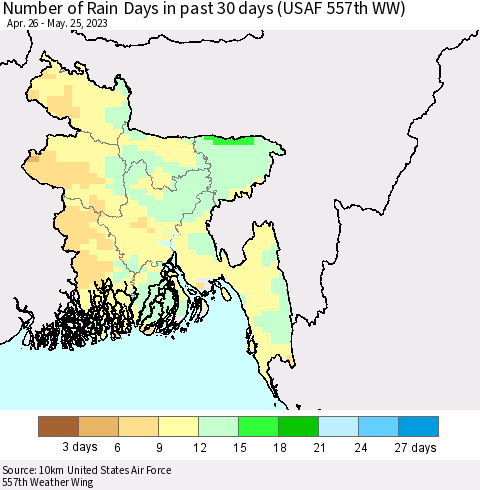 Bangladesh Number of Rain Days in past 30 days (USAF 557th WW) 05/25/2023 Thematic Map For 5/21/2023 - 5/25/2023