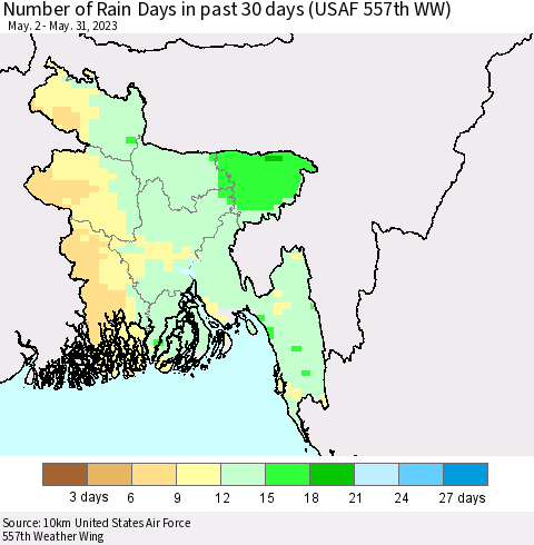 Bangladesh Number of Rain Days in past 30 days (USAF 557th WW) 05/31/2023 Thematic Map For 5/26/2023 - 5/31/2023
