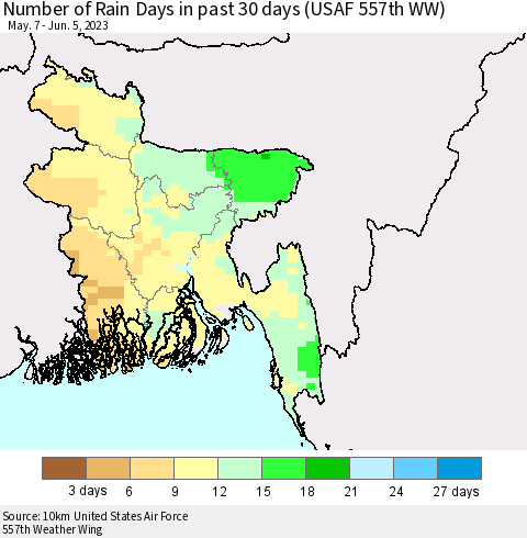 Bangladesh Number of Rain Days in past 30 days (USAF 557th WW) 06/05/2023 Thematic Map For 6/1/2023 - 6/5/2023