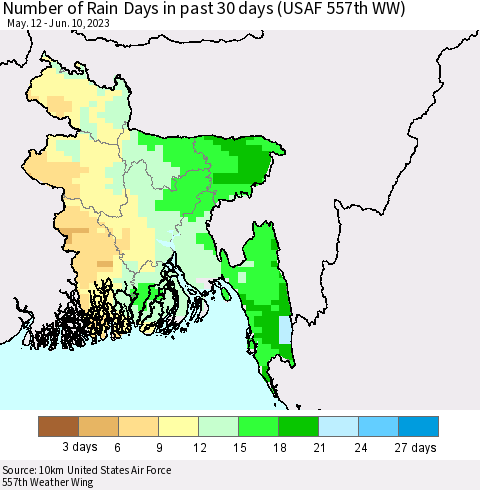 Bangladesh Number of Rain Days in past 30 days (USAF 557th WW) 06/10/2023 Thematic Map For 6/6/2023 - 6/10/2023
