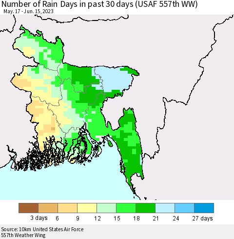Bangladesh Number of Rain Days in past 30 days (USAF 557th WW) 06/15/2023 Thematic Map For 6/11/2023 - 6/15/2023