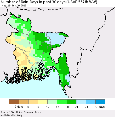 Bangladesh Number of Rain Days in past 30 days (USAF 557th WW) 06/20/2023 Thematic Map For 6/16/2023 - 6/20/2023