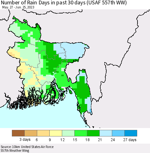 Bangladesh Number of Rain Days in past 30 days (USAF 557th WW) 06/25/2023 Thematic Map For 6/21/2023 - 6/25/2023