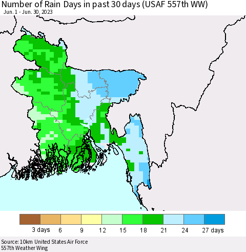 Bangladesh Number of Rain Days in past 30 days (USAF 557th WW) 06/30/2023 Thematic Map For 6/26/2023 - 6/30/2023