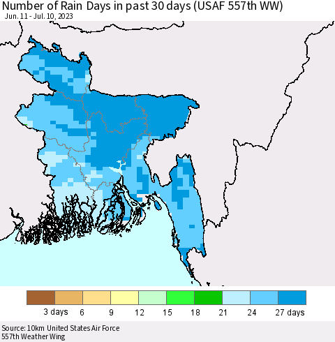 Bangladesh Number of Rain Days in past 30 days (USAF 557th WW) 07/10/2023 Thematic Map For 7/6/2023 - 7/10/2023