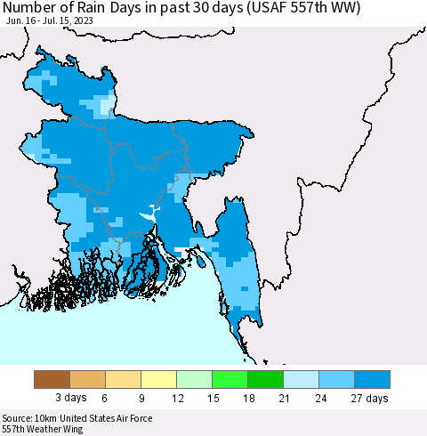 Bangladesh Number of Rain Days in past 30 days (USAF 557th WW) 07/15/2023 Thematic Map For 7/11/2023 - 7/15/2023