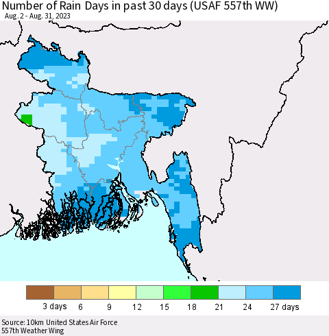 Bangladesh Number of Rain Days in past 30 days (USAF 557th WW) 08/31/2023 Thematic Map For 8/26/2023 - 8/31/2023