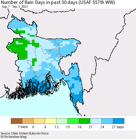 Bangladesh Number of Rain Days in past 30 days (USAF 557th WW) 09/05/2023 Thematic Map For 9/1/2023 - 9/5/2023