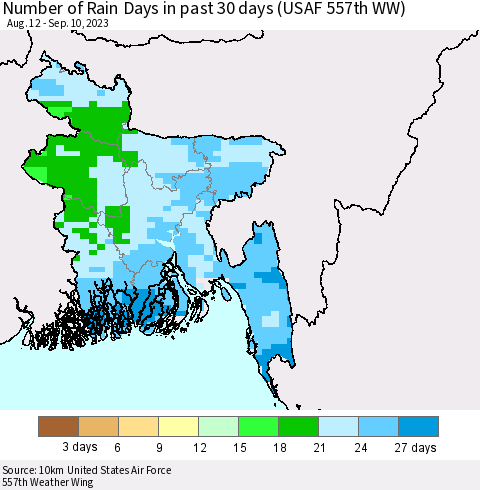 Bangladesh Number of Rain Days in past 30 days (USAF 557th WW) 09/10/2023 Thematic Map For 9/6/2023 - 9/10/2023
