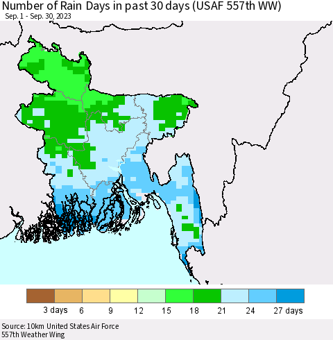 Bangladesh Number of Rain Days in past 30 days (USAF 557th WW) 09/30/2023 Thematic Map For 9/26/2023 - 9/30/2023