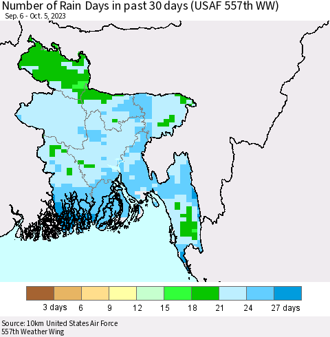 Bangladesh Number of Rain Days in past 30 days (USAF 557th WW) 10/05/2023 Thematic Map For 10/1/2023 - 10/5/2023