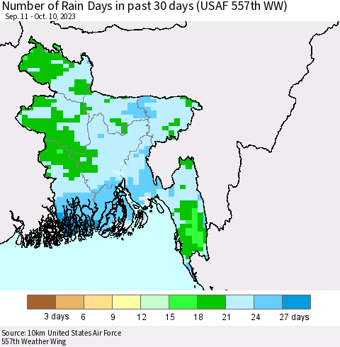 Bangladesh Number of Rain Days in past 30 days (USAF 557th WW) 10/10/2023 Thematic Map For 10/6/2023 - 10/10/2023
