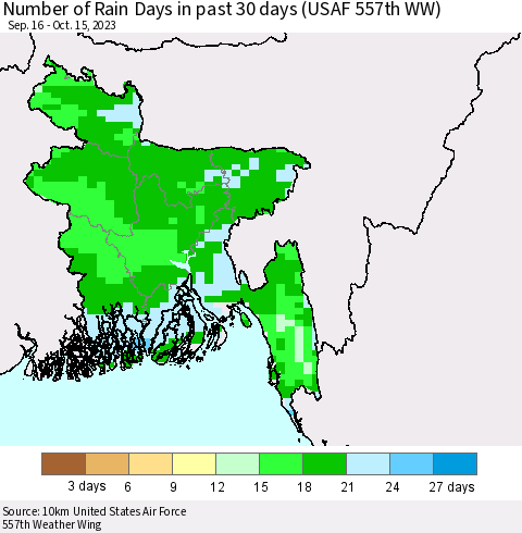 Bangladesh Number of Rain Days in past 30 days (USAF 557th WW) 10/15/2023 Thematic Map For 10/11/2023 - 10/15/2023