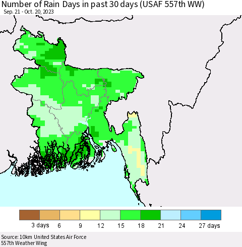 Bangladesh Number of Rain Days in past 30 days (USAF 557th WW) 10/20/2023 Thematic Map For 10/16/2023 - 10/20/2023