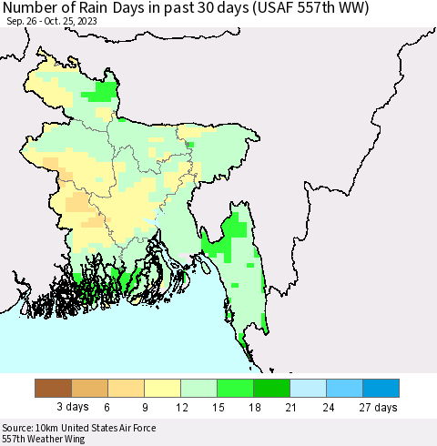 Bangladesh Number of Rain Days in past 30 days (USAF 557th WW) 10/25/2023 Thematic Map For 10/21/2023 - 10/25/2023