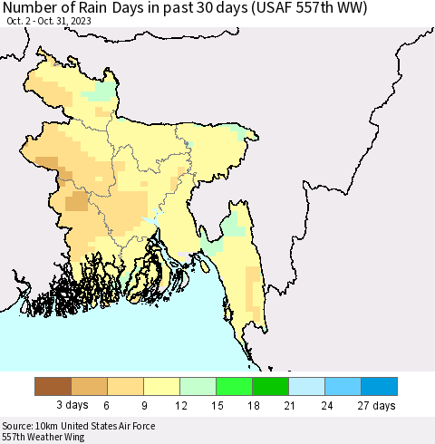 Bangladesh Number of Rain Days in past 30 days (USAF 557th WW) 10/31/2023 Thematic Map For 10/26/2023 - 10/31/2023