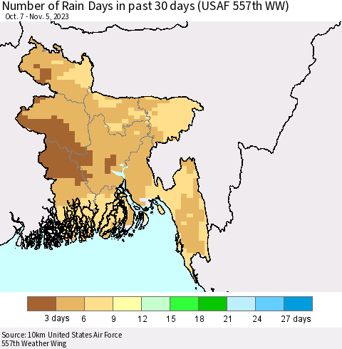 Bangladesh Number of Rain Days in past 30 days (USAF 557th WW) 11/05/2023 Thematic Map For 11/1/2023 - 11/5/2023