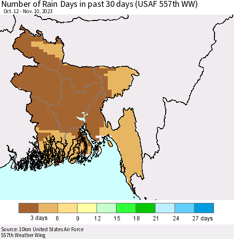 Bangladesh Number of Rain Days in past 30 days (USAF 557th WW) 11/10/2023 Thematic Map For 11/6/2023 - 11/10/2023