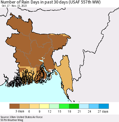 Bangladesh Number of Rain Days in past 30 days (USAF 557th WW) 11/15/2023 Thematic Map For 11/11/2023 - 11/15/2023