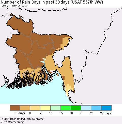 Bangladesh Number of Rain Days in past 30 days (USAF 557th WW) 11/25/2023 Thematic Map For 11/21/2023 - 11/25/2023