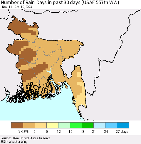 Bangladesh Number of Rain Days in past 30 days (USAF 557th WW) 12/10/2023 Thematic Map For 12/6/2023 - 12/10/2023