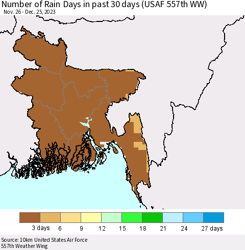 Bangladesh Number of Rain Days in past 30 days (USAF 557th WW) 12/25/2023 Thematic Map For 12/21/2023 - 12/25/2023