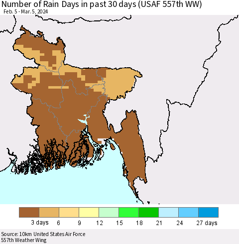 Bangladesh Number of Rain Days in past 30 days (USAF 557th WW) 03/05/2024 Thematic Map For 3/1/2024 - 3/5/2024